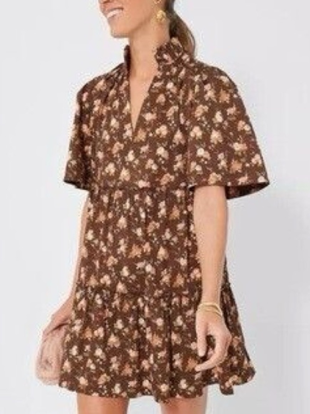 Tuckernuck Brown Floral Ruffle Neck Tiered Mini Dress - XS - Picture 3 of 10